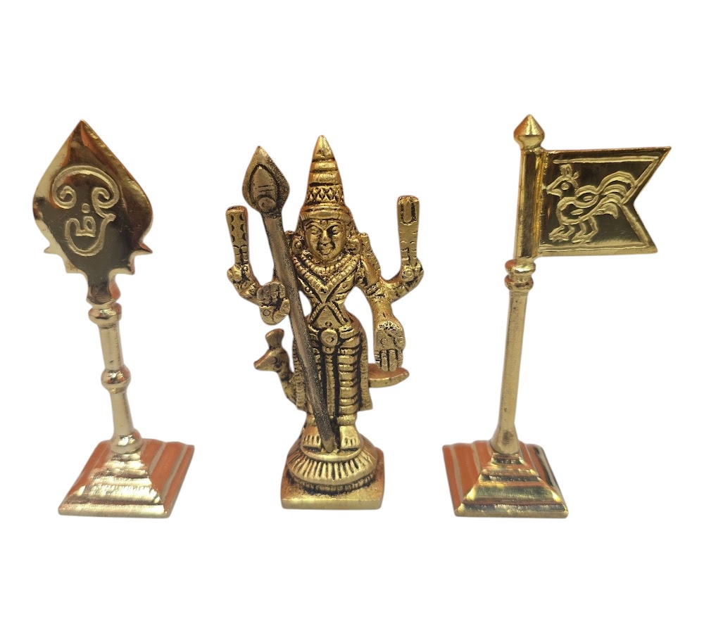Lord Murugan Statue Set - 3 Pieces (Murugan, Vel & Kodi)