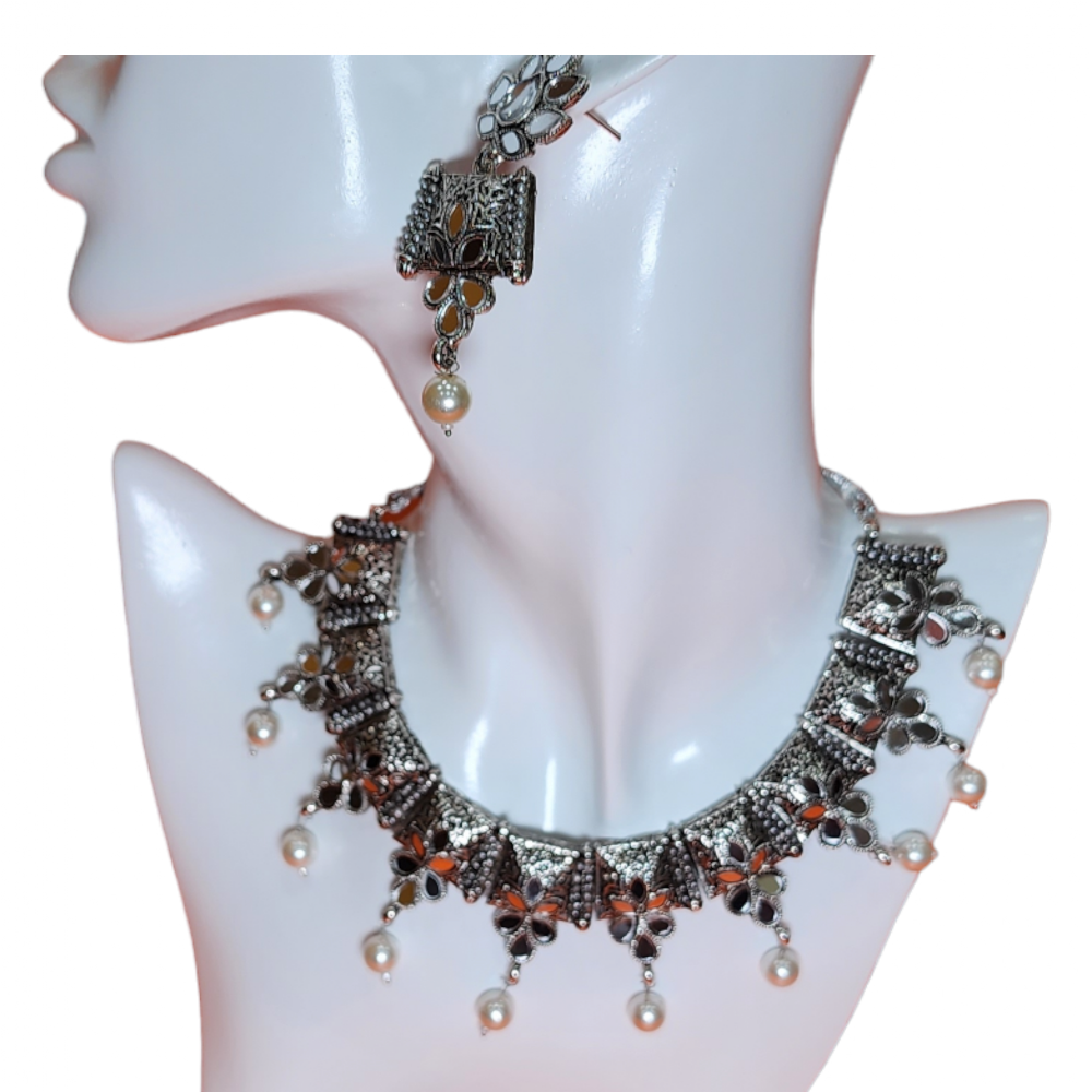 Necklaces Set White Pearl Oxidized Silver Finish Party Wear | Traditional Fashion Jewellery