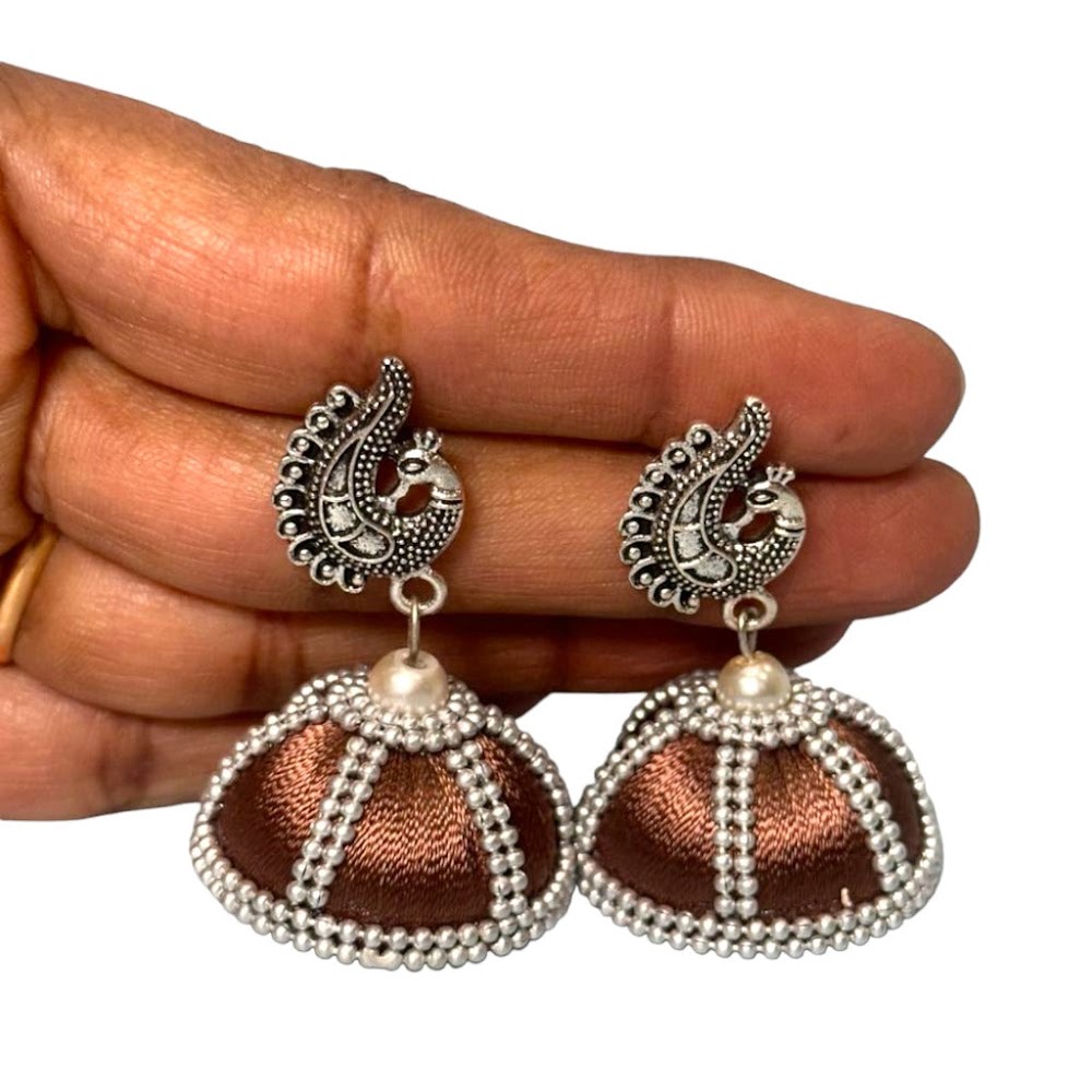 Silk Thread Brown with Stone Work Big Jhumka | Traditional Fashion Jewellery