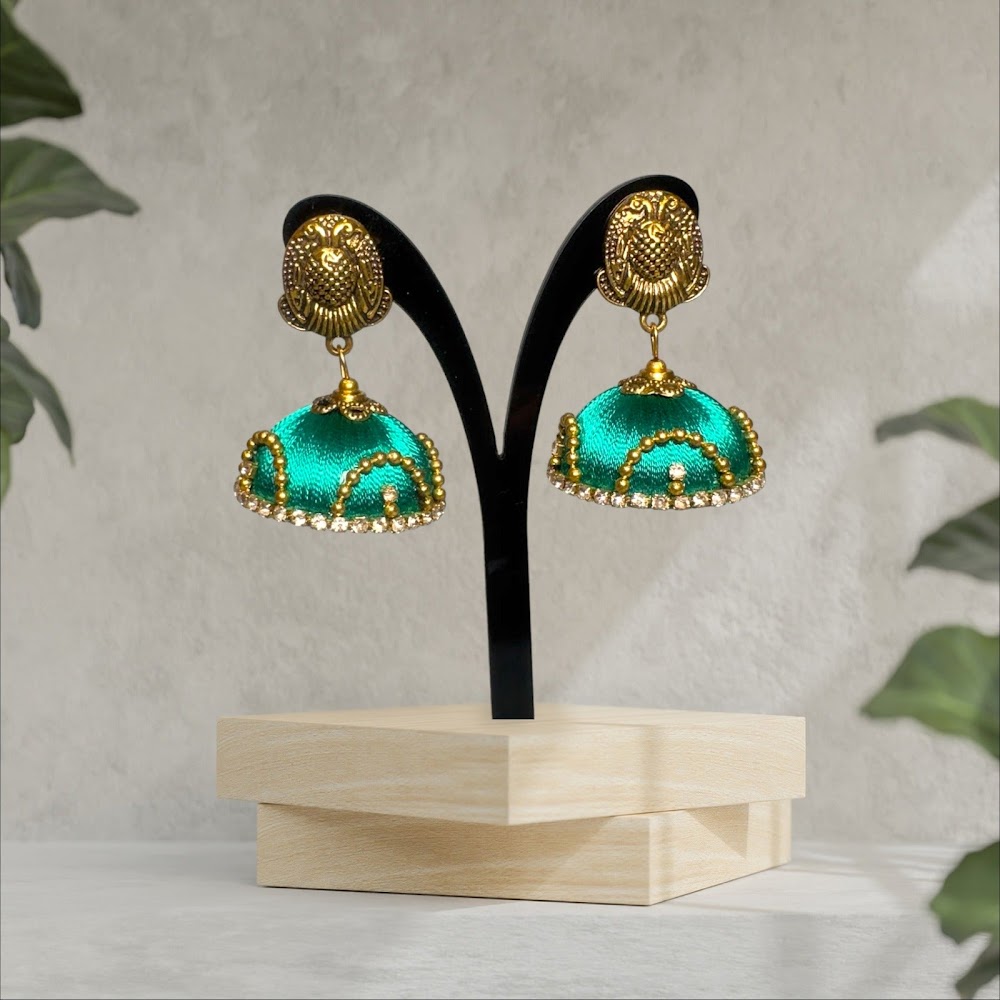 Silk Thread Bottle Green with Stone Work Big Jhumka | Traditional Fashion Jewellery