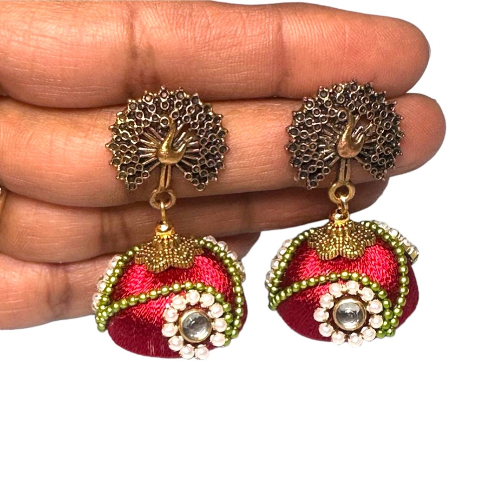 Silk Thread Maroon with Stone Work Big Jhumka | Traditional Fashion Jewellery