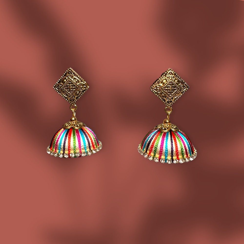 Silk Thread Multi Color with White Stones Jhumka | Traditional Fashion Jewellery