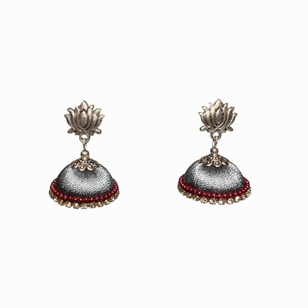 Silk Thread Grey with Red Beads White Stones Jhumka | Traditional Fashion Jewellery