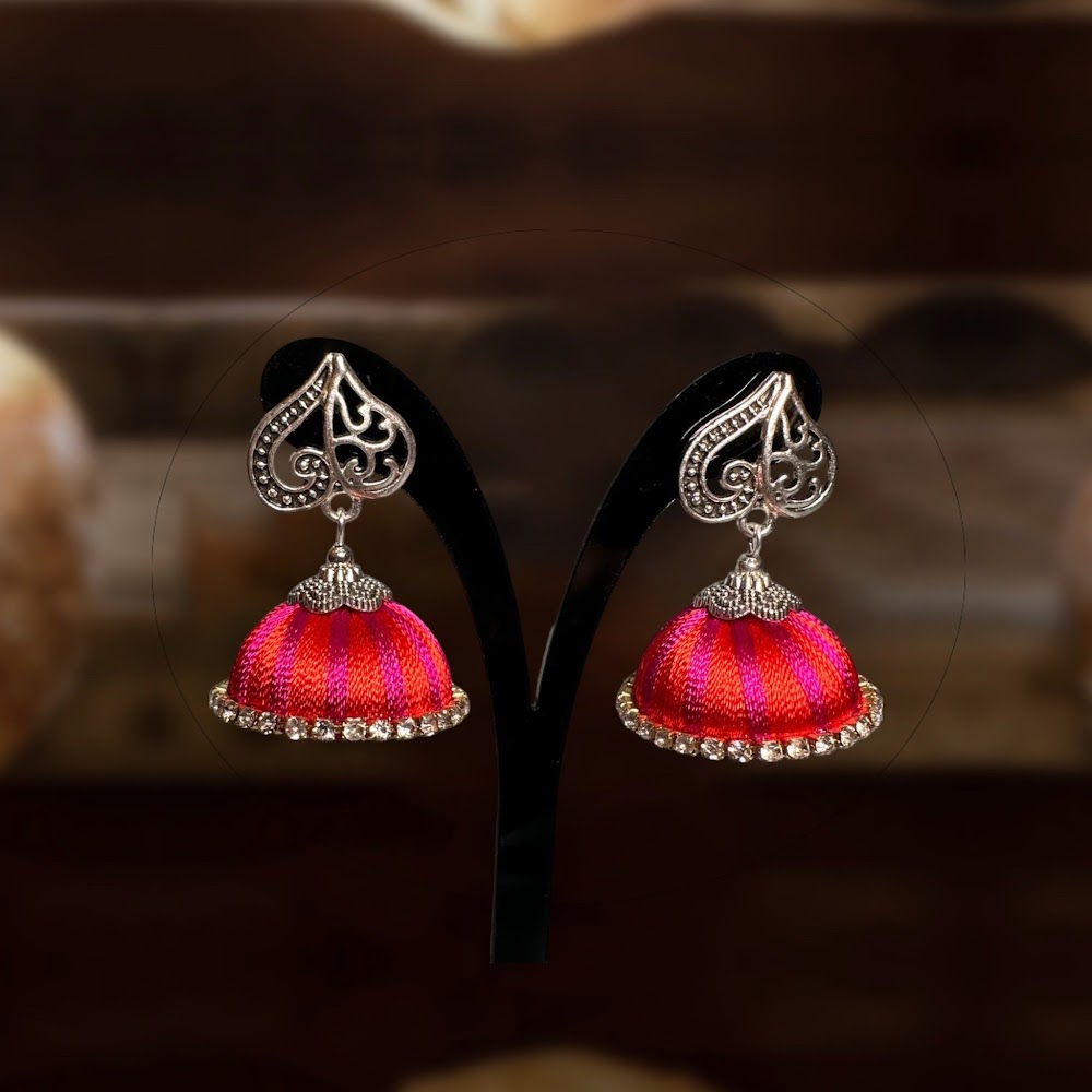 Silk Thread Reddish Orange with White Stone Jhumka | Traditional Fashion Jewellery