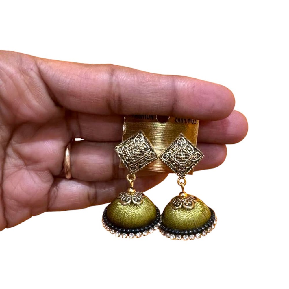 Silk Thread Olive Green with White Stone Jhumka | Traditional Fashion Jewellery