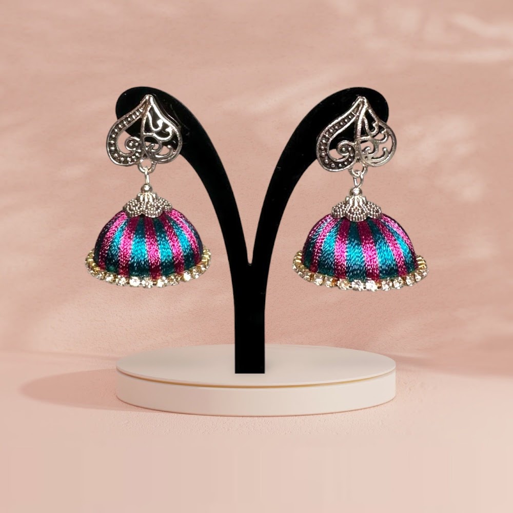Silk Thread Peacock Blue and Purple with White Stone Jhumka | Traditional Fashion Jewellery