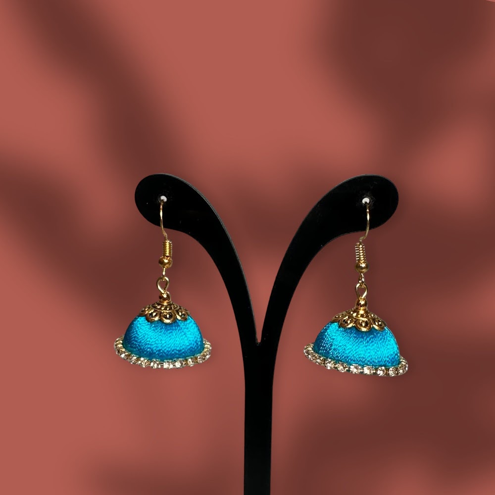Small Silk Thread Blue with White Stone Jhumka / Hanging Jhumka | Traditional Fashion Jewellery