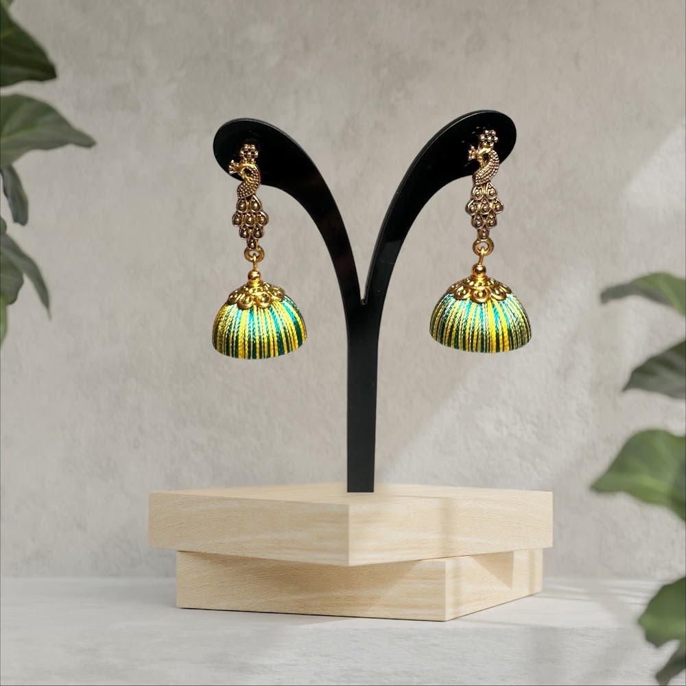 Simple Silk Thread Peacock Green Jhumka | Traditional Fashion Jewellery