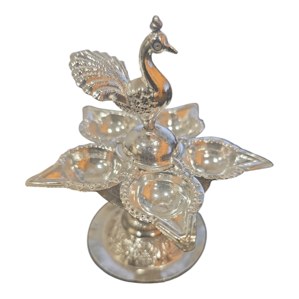 Peacock Diya, German Silver, 4 inch | Traditional Idol