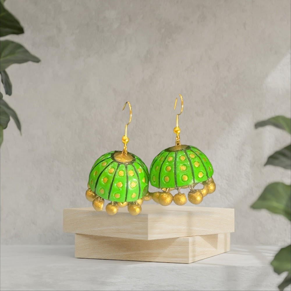 Terracotta Parrot Green Jhumka / Hanging Jhumka | Traditional Fashion Jewellery