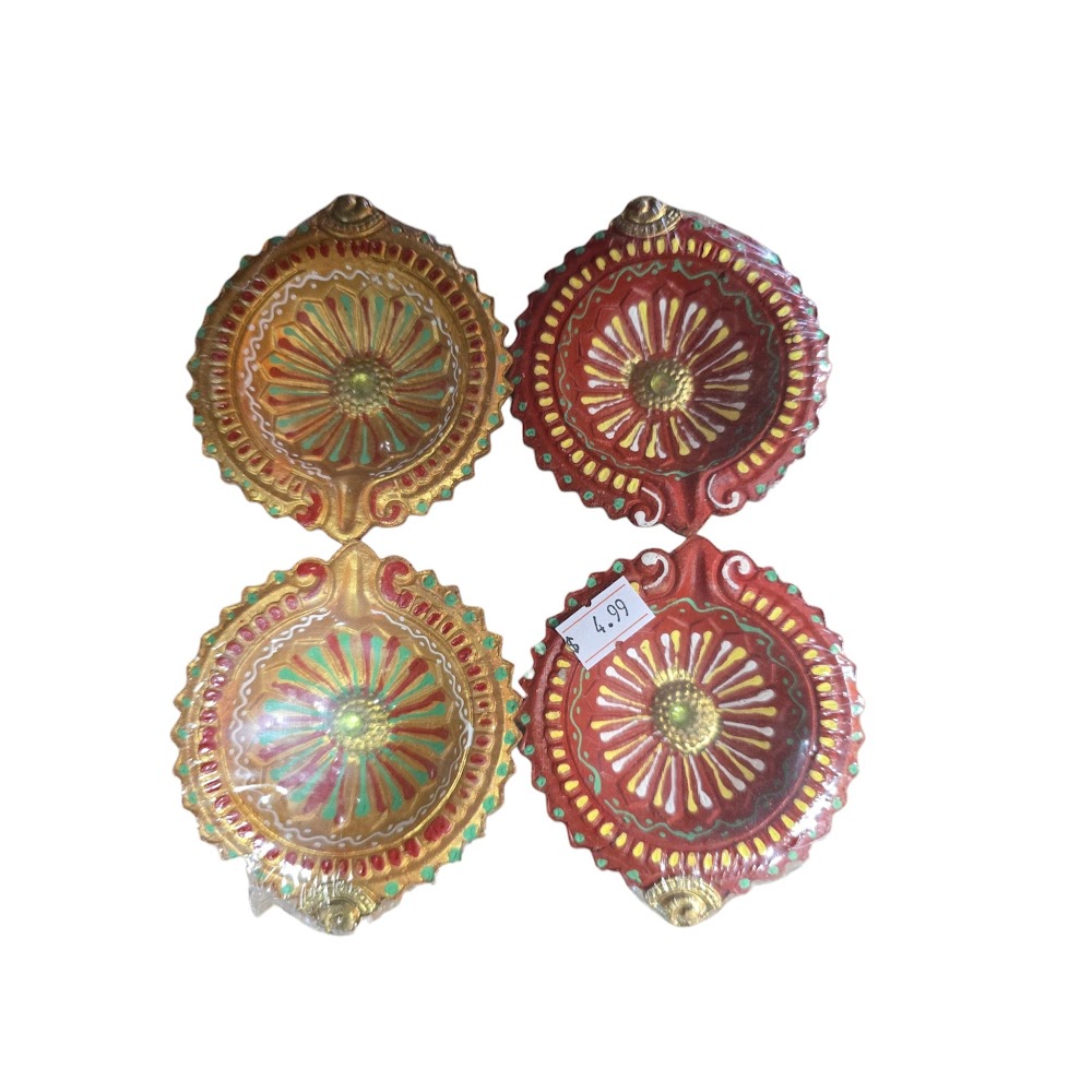 Decorated Clay Agal Vilakku - Set of 4 (Hand-Painted Diyas)