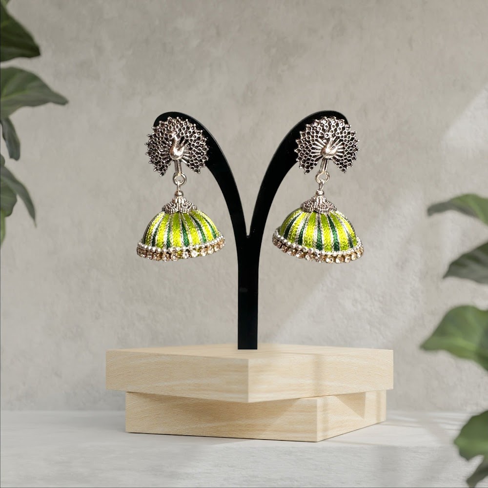 Silk Thread Light Green Peacock with White Stones Jhumka | Traditional Fashion Jewellery