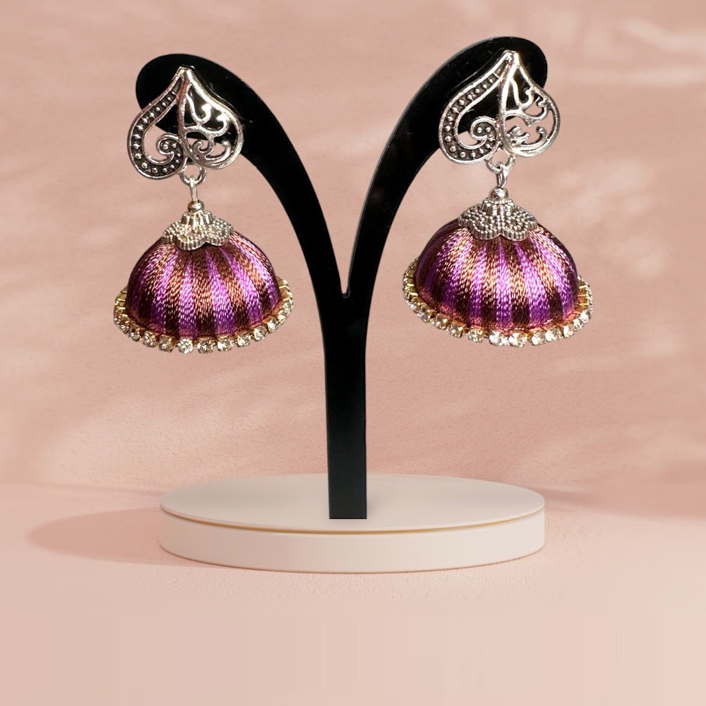 Silk Thread Lavender with White Stones Jhumka | Traditional Fashion Jewellery