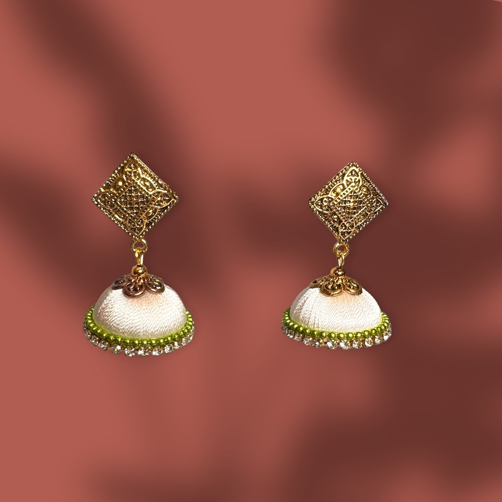 Silk Thread White with Light Green Beads White Stones Jhumka | Traditional Fashion Jewellery