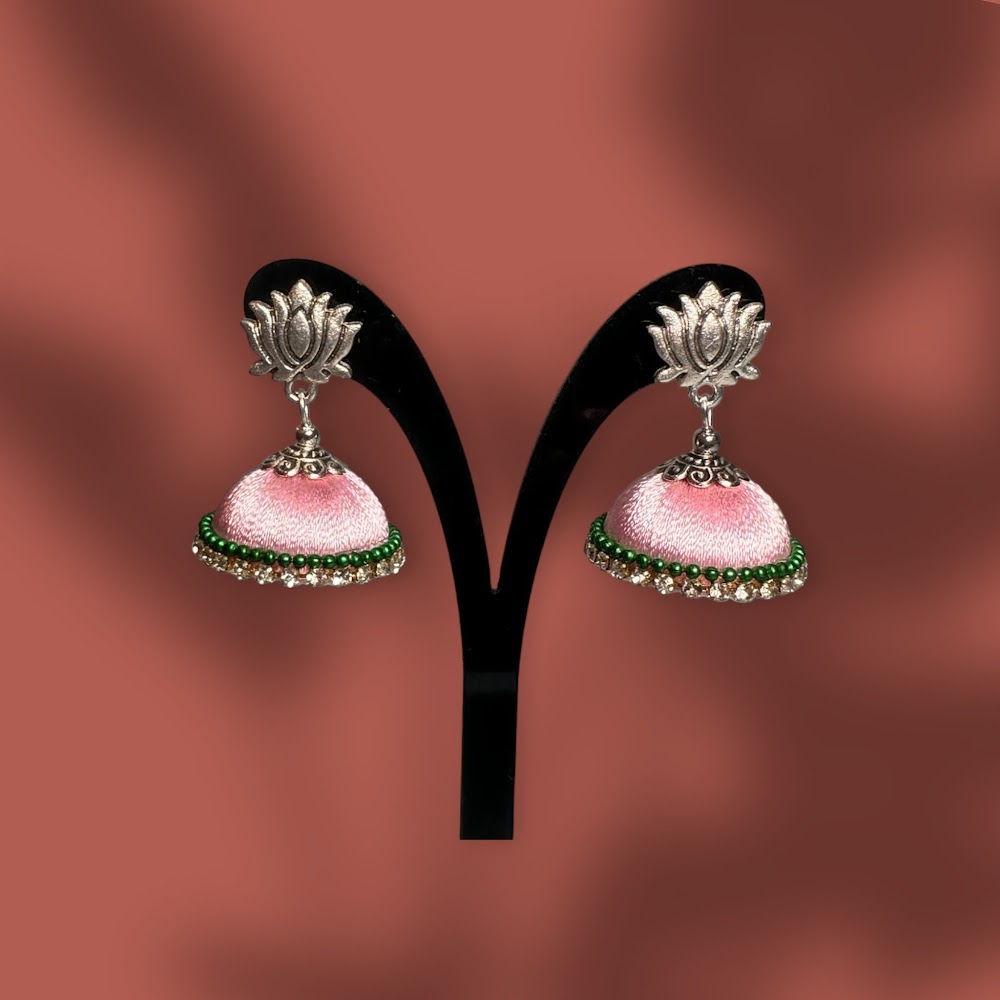 Silk Thread Light Pink with White Stone Jhumka | Traditional Fashion Jewellery