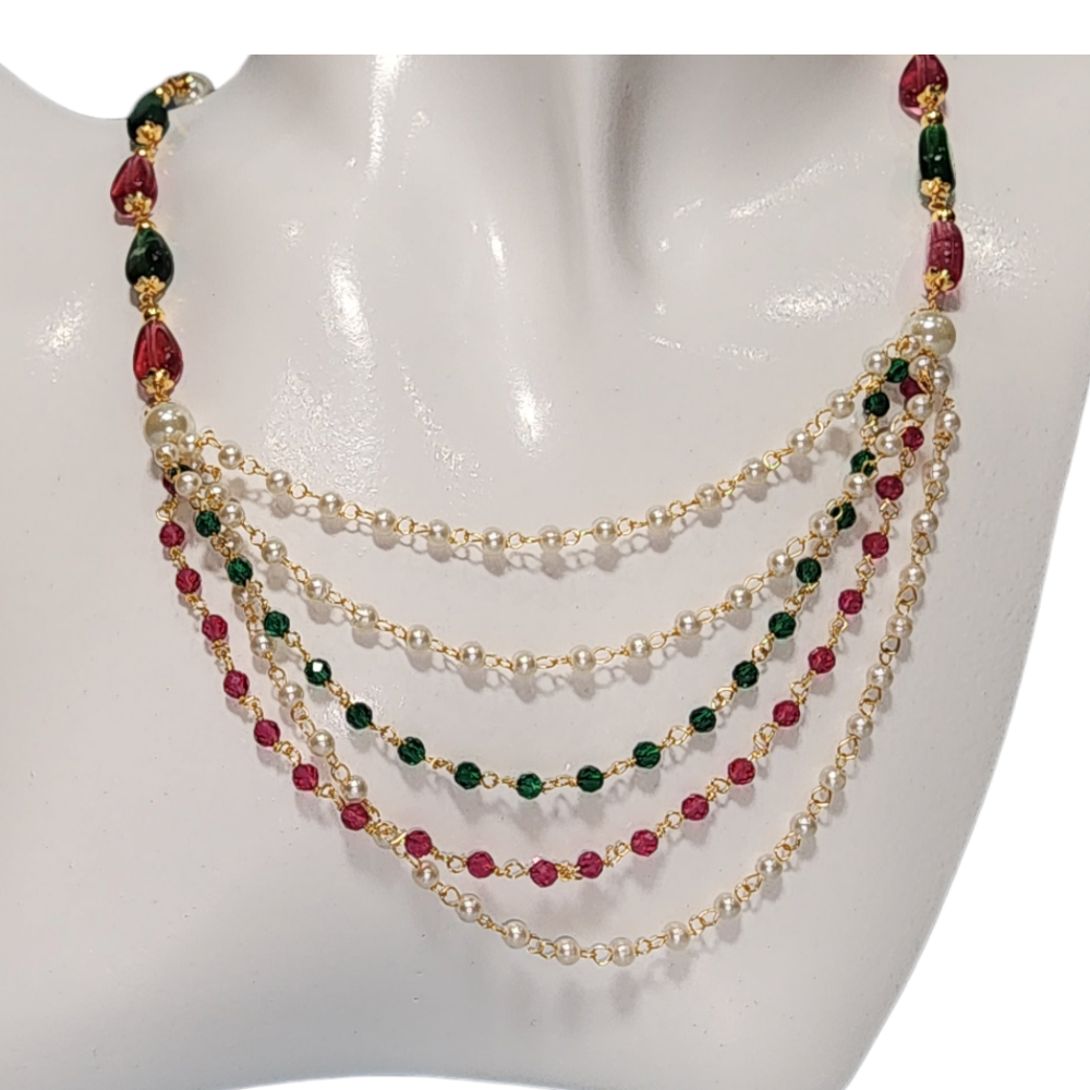 Ruby Green Pearl Cluster Fancy Style Short Chain Party Wear High Gold Polish